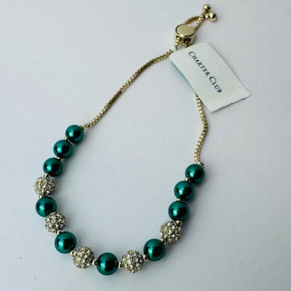 Charter Club Emerald Green Pearl & Crystal Slider Bracelet - Picture 3 of 3